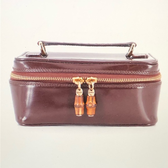 #0128 Gucci Travel Case in Brown Patented Leather w/Bamboo Zipper - Picture 1 of 15